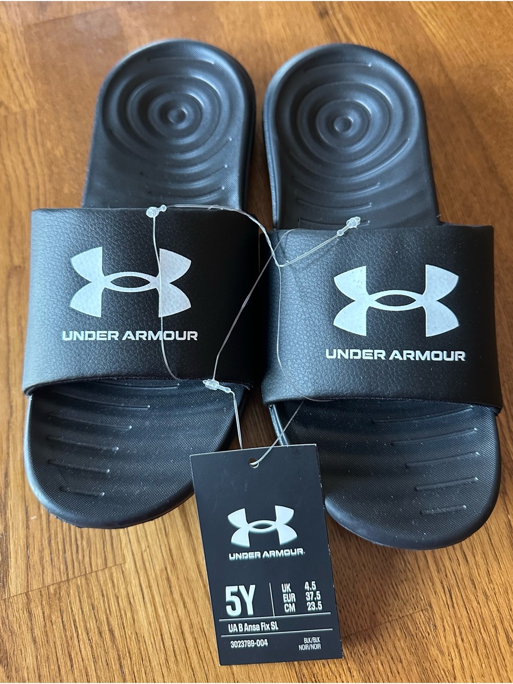 Under Armour Kids Black Slide Sandals with White Logo - Size 5Y